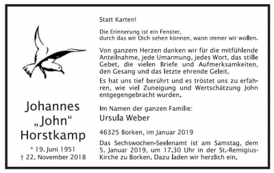 Sechswochen-Seelenamt für John Horstkamp am 5. Januar 2019